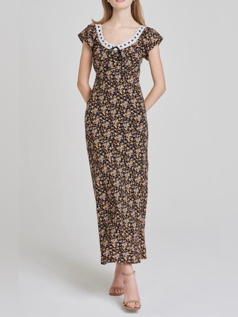 WAYF Margerie Maxi Sundress in Black Ditsy